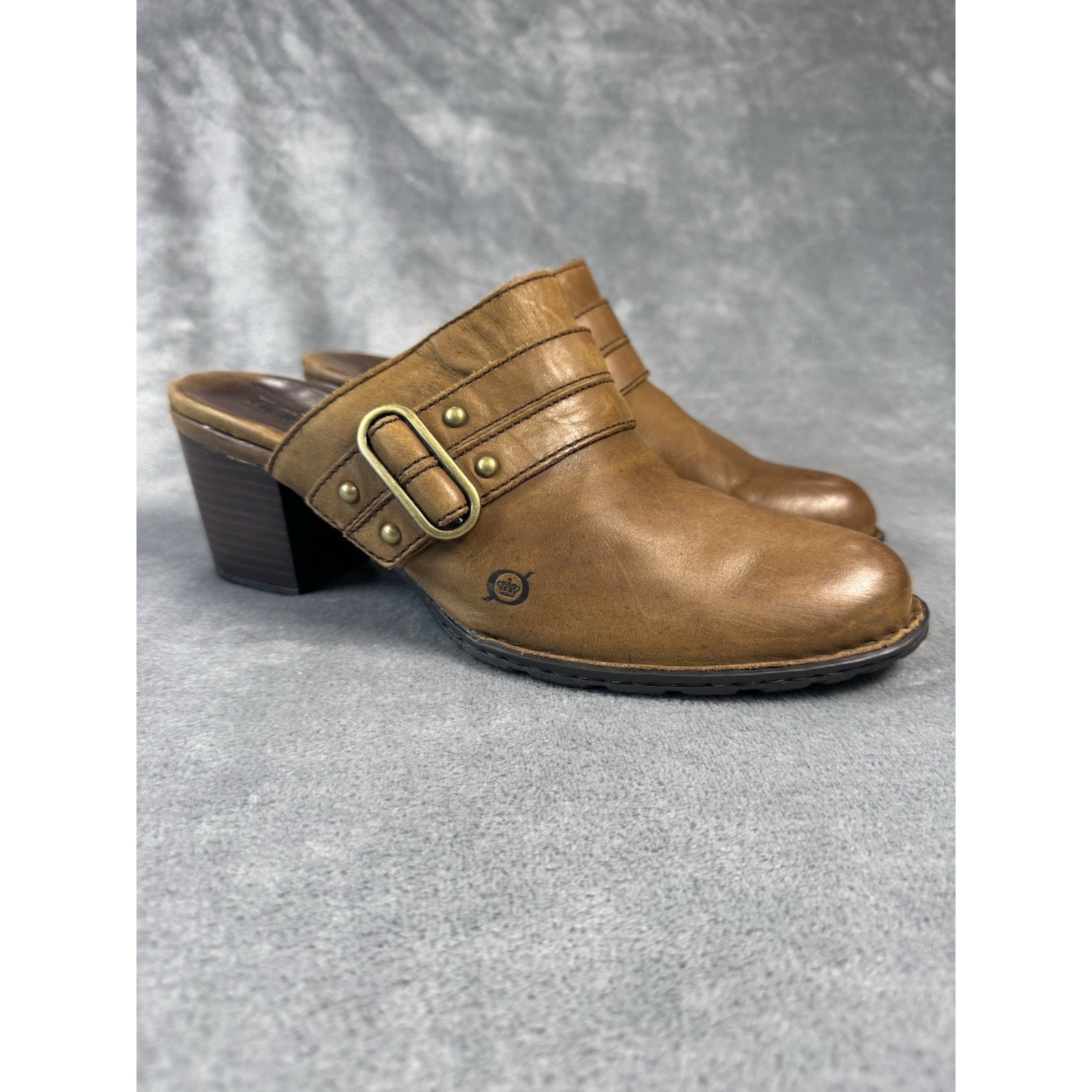 Born Brown Tan Leather Slip On Heel Mules Size 10 Studded Buckle Comfort Shoe